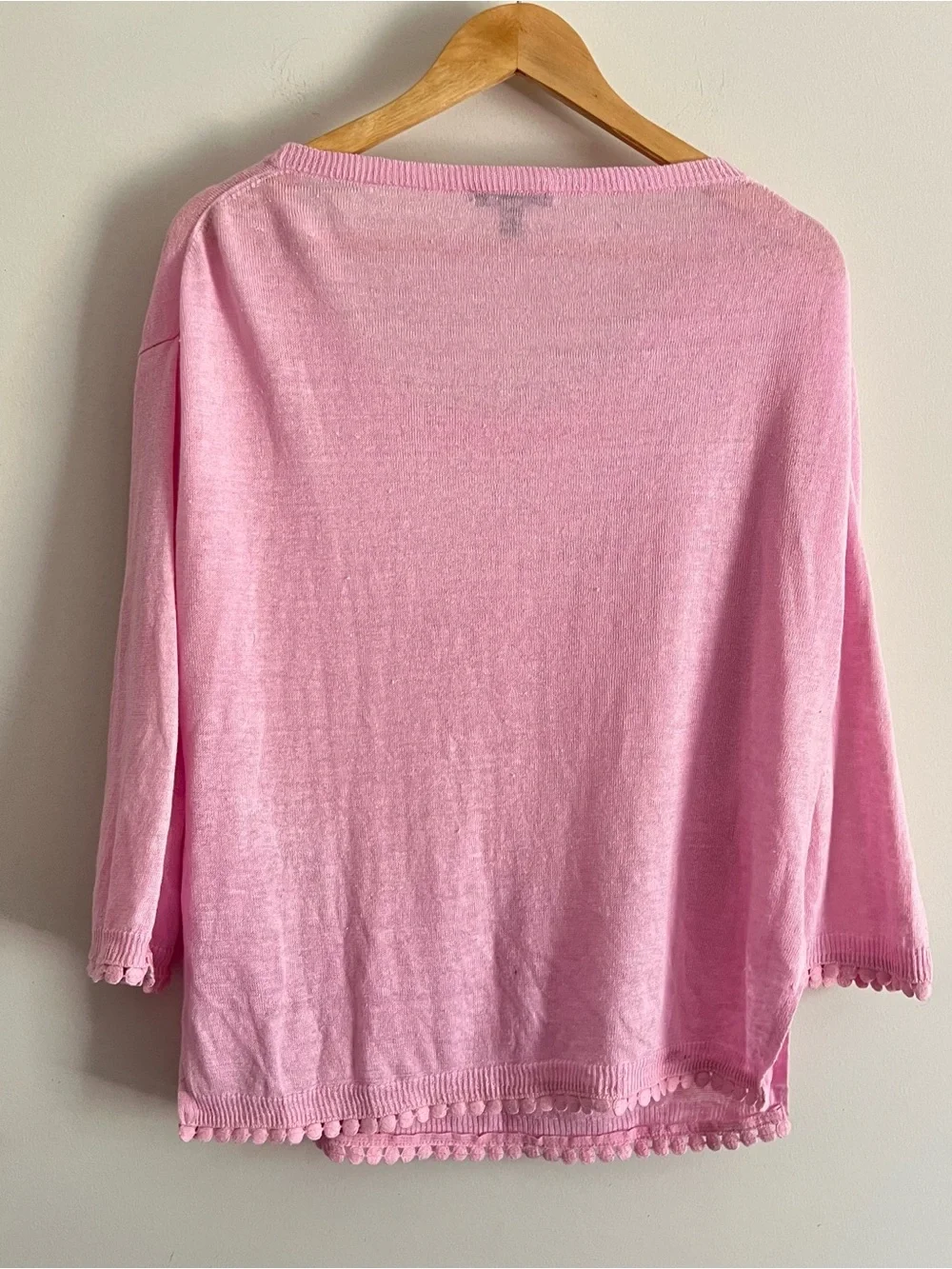J.CREW Sweater Top 100% Linen Womens Small Pink detail Trim 3/4 Sleeves